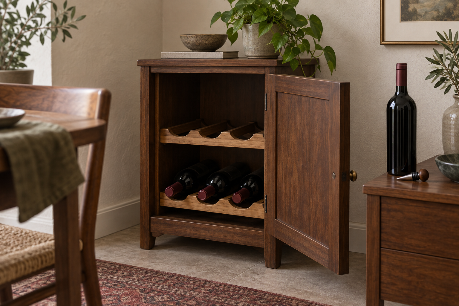 Botellas de vino sin etiqueta guardadas en un botellero dentro de un armario de madera.