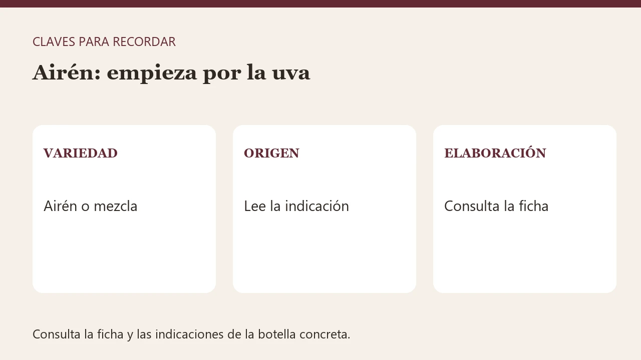 Diagrama con tres claves: variedad — airén o mezcla, origen — lee la indicación, elaboración — consulta la ficha.