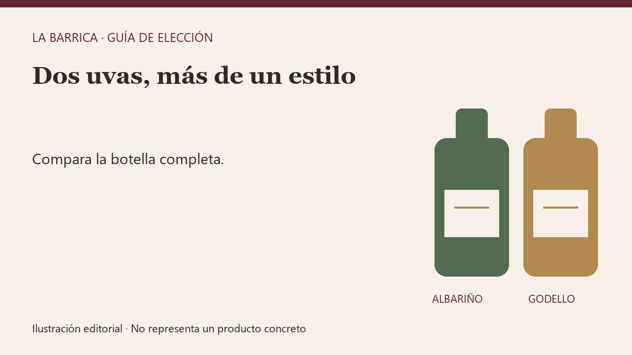 Ilustración de dos botellas para comparar vinos de Albariño y Godello.