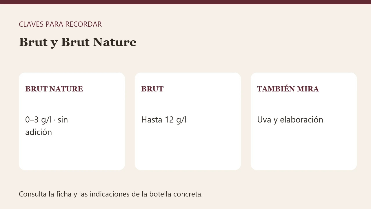 Diagrama con tres claves: brut nature — 0–3 g/l · sin adición, brut — hasta 12 g/l, también mira — uva y elaboración.