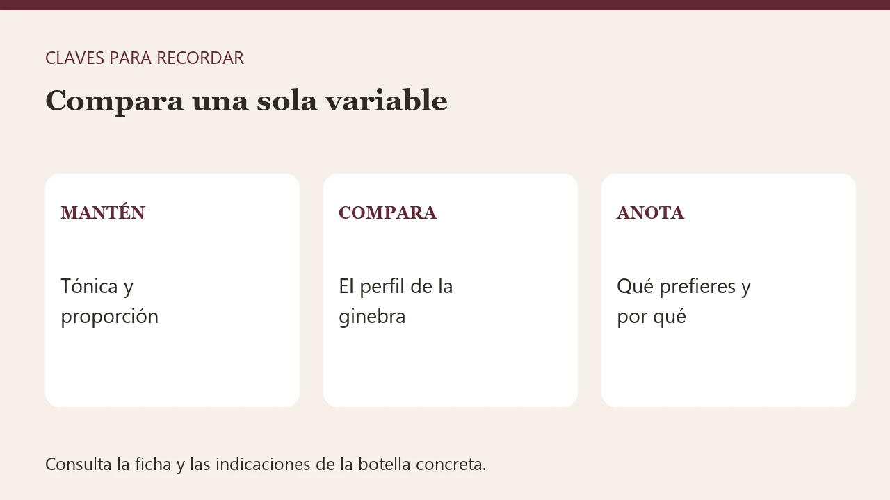 Diagrama con tres claves: mantén — tónica y proporción, compara — el perfil de la ginebra, anota — qué prefieres y por qué.