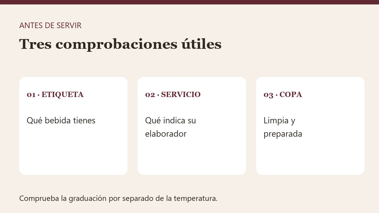 Tres comprobaciones para servir licor de hierbas: etiqueta, indicación de servicio y copa.